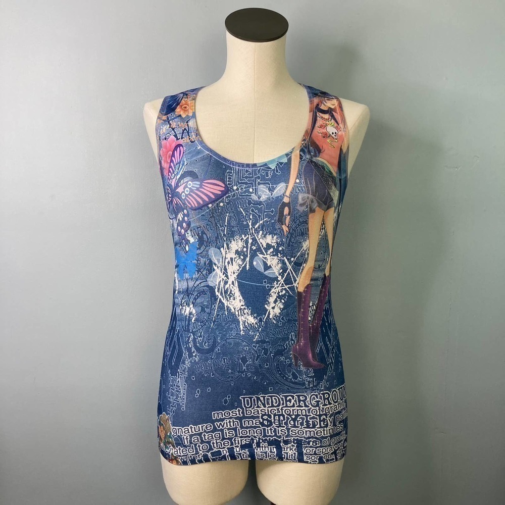 Fashion Trend Vintage Y2K Stretchy Graffiti Printed Racerback Tank Top Women OS
